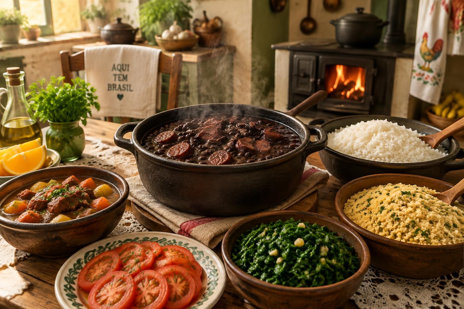 Mesa farta de comida caseira brasileira em uma cozinha acolhedora